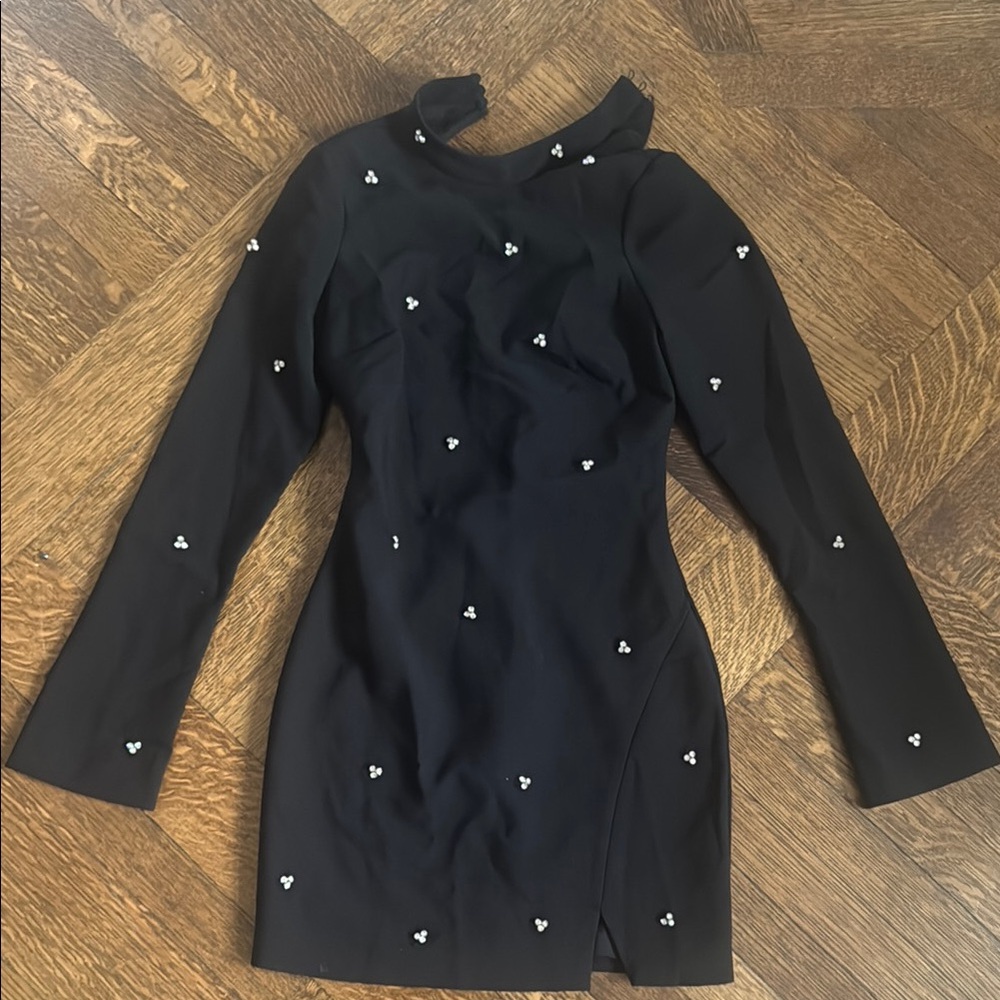 Likely Black Mini Sheath Dress with Long Sleeves and Asymmetrical Neckline